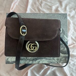 Gucci Dark Brown Suede Crossbody with Gold GG Emblem